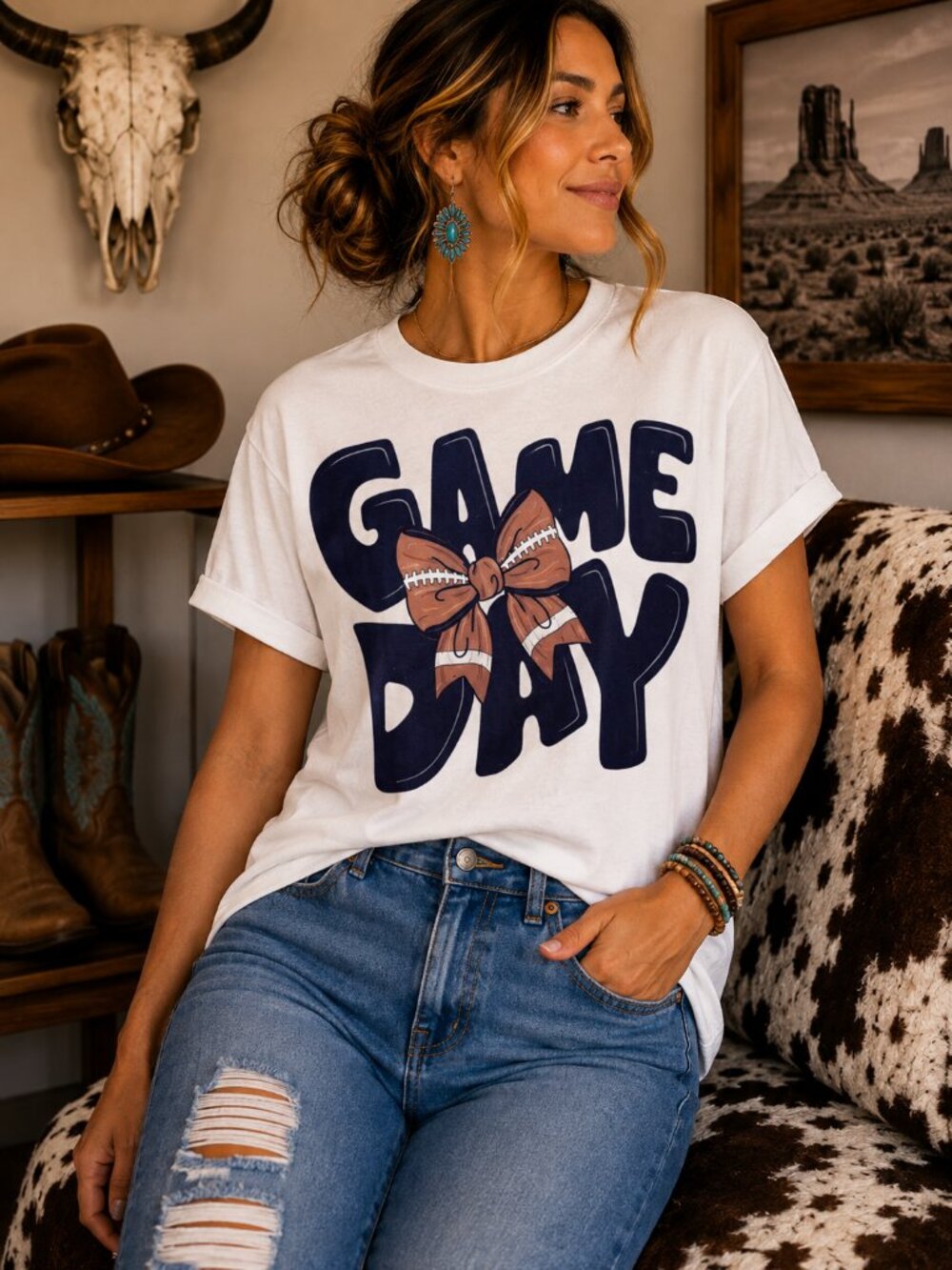 Game Day Bow Football Graphic T Shirt Trendy Boutique Style Tee Womens White Top